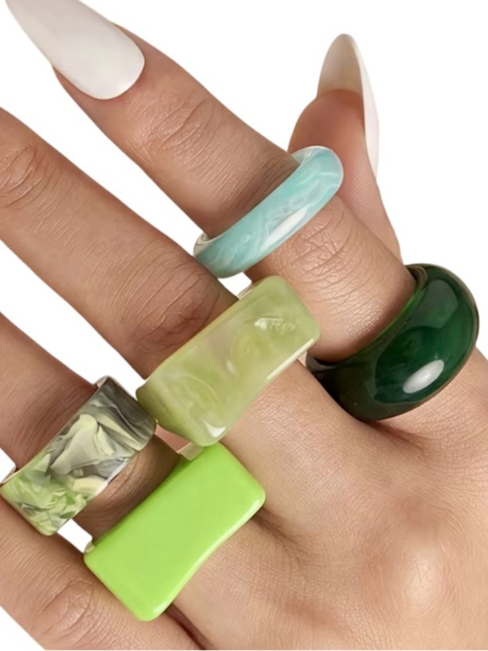Sage Jade Marbled Acrylic Statement Ring Set 5-Piece Stackable Earth-Tone NWOT